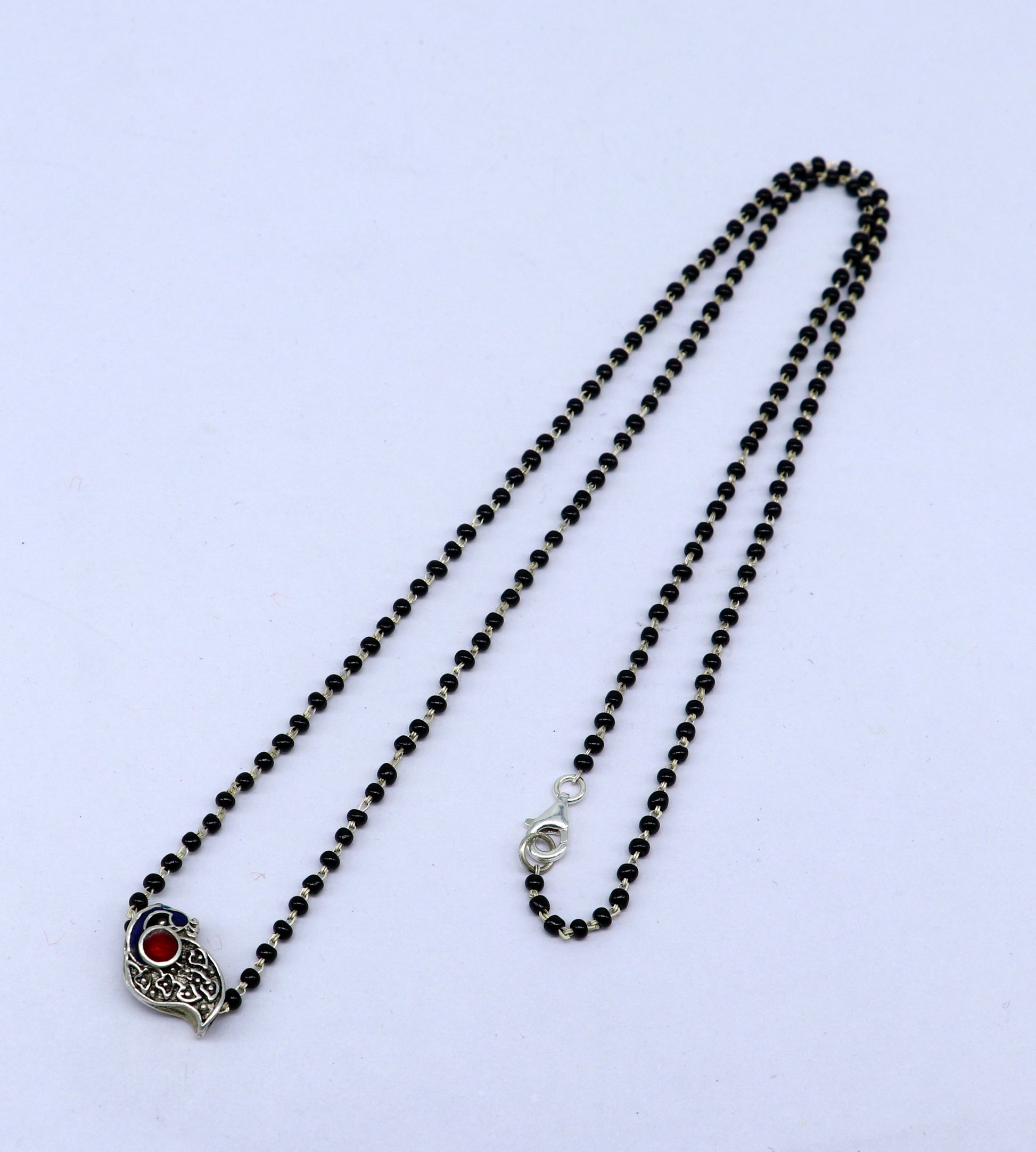 Pure 925 sterling silver black beads chain necklace, gorgeous peacock design pendant, traditional style brides mangalsutra necklace set171 - TRIBAL ORNAMENTS