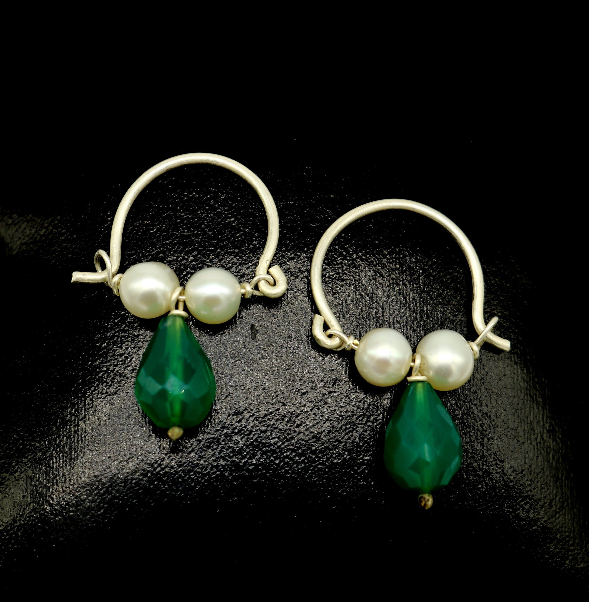 925 sterling silver custom made hoops earring, gorgeous hanging pearls and green stone ,hoops earring for kids, girl's gifting jewelry s911 - TRIBAL ORNAMENTS