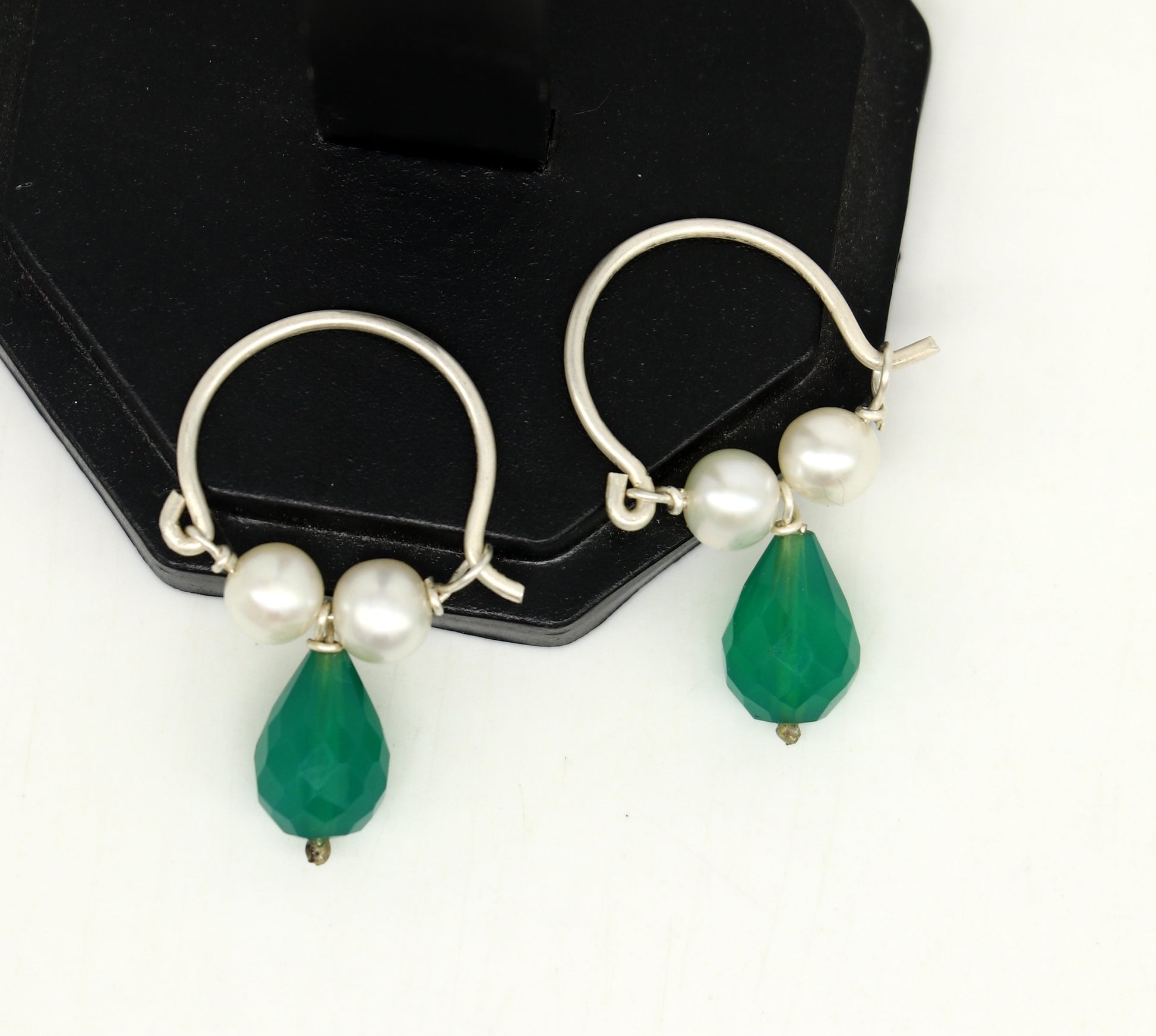 925 sterling silver custom made hoops earring, gorgeous hanging pearls and green stone ,hoops earring for kids, girl's gifting jewelry s911 - TRIBAL ORNAMENTS