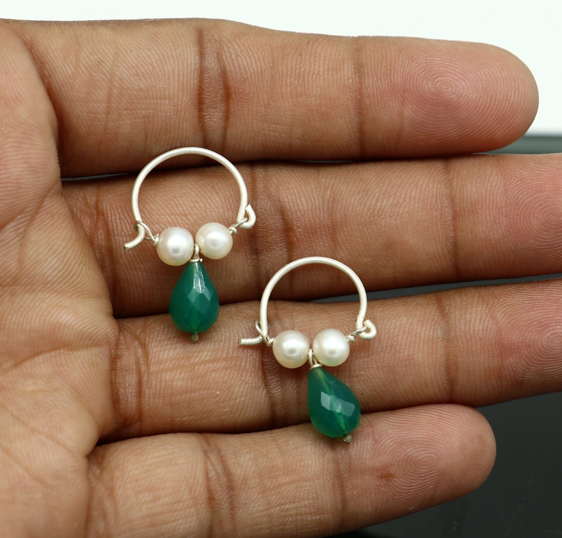 925 sterling silver custom made hoops earring, gorgeous hanging pearls and green stone ,hoops earring for kids, girl's gifting jewelry s911 - TRIBAL ORNAMENTS