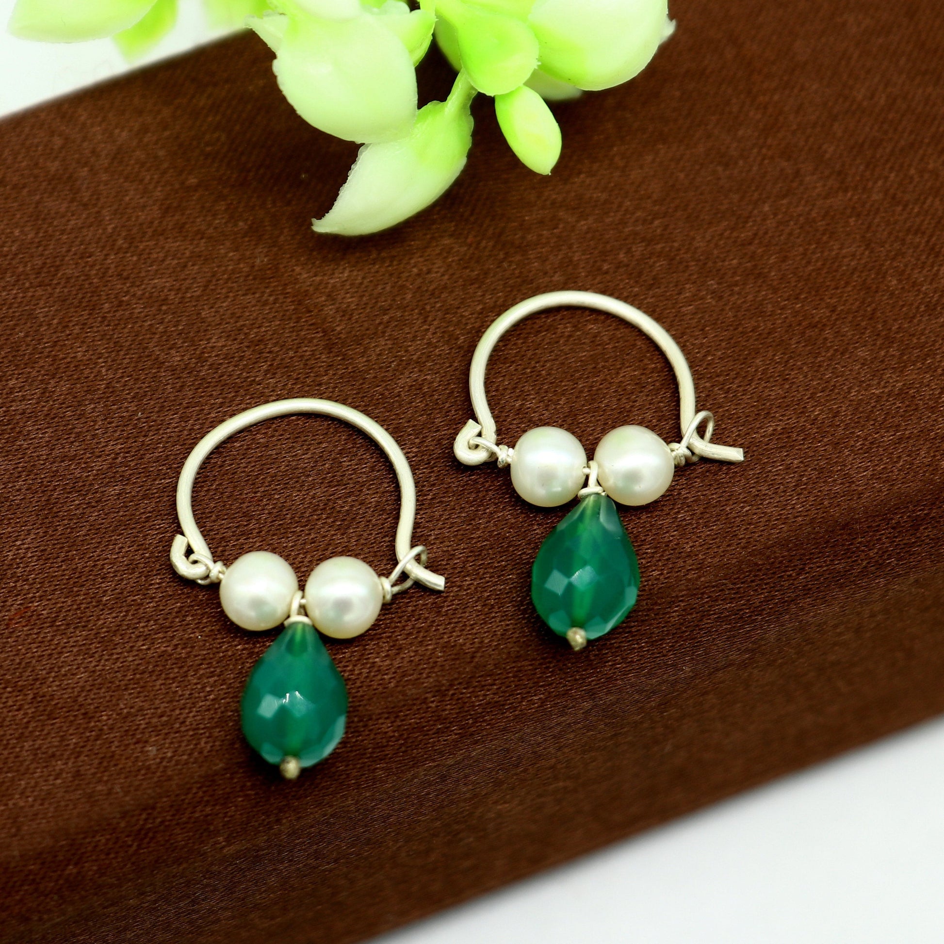 925 sterling silver custom made hoops earring, gorgeous hanging pearls and green stone ,hoops earring for kids, girl's gifting jewelry s911 - TRIBAL ORNAMENTS