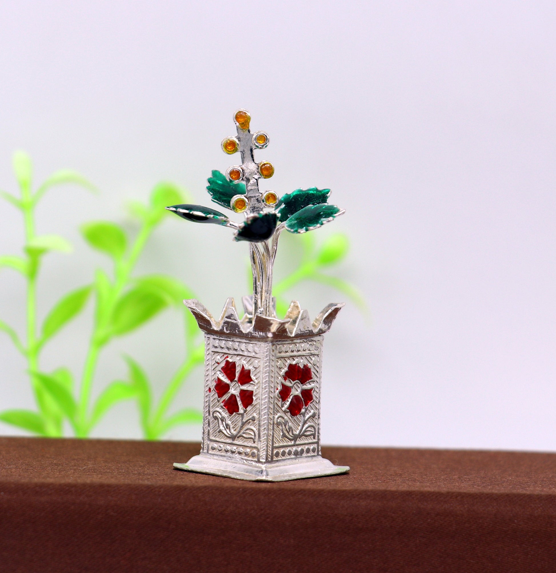 925 sterling silver handmade small tulsi plant basil rosary plant, puja temple article, elegant customized silver utensils article su232 - TRIBAL ORNAMENTS