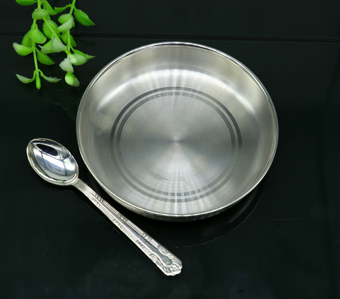 999 sterling silver handmade silver plate tray with spoon, silver baby utensil set , silver baby food tray , silver utensils  india sv152 - TRIBAL ORNAMENTS