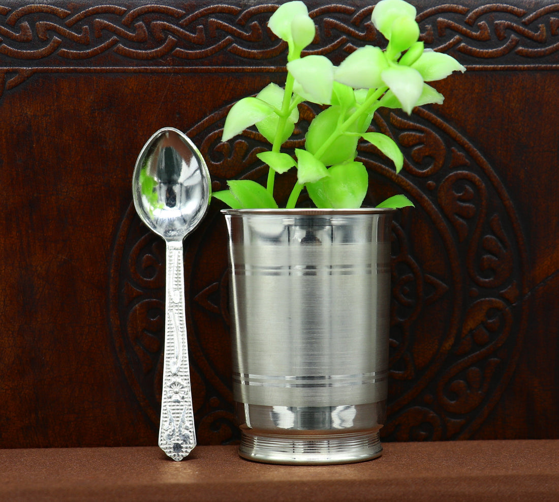 999 fine silver handmade water/milk Glass tumbler, silver flask, baby kids silver cup & spoon utensils for stay healthy from bacteria sv155 - TRIBAL ORNAMENTS