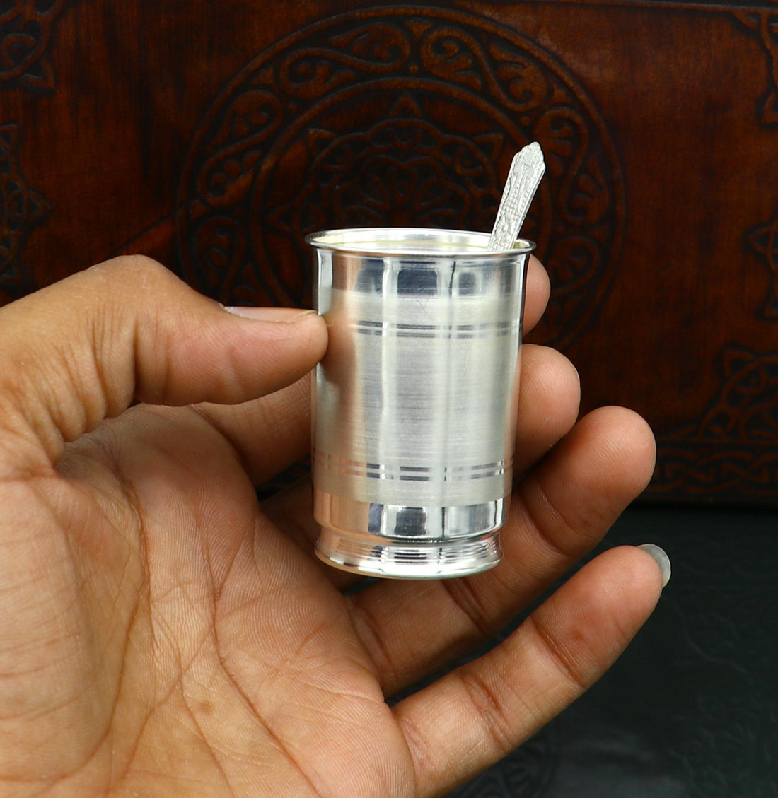 999 fine silver handmade water/milk Glass tumbler, silver flask, baby kids silver cup & spoon utensils for stay healthy from bacteria sv155 - TRIBAL ORNAMENTS