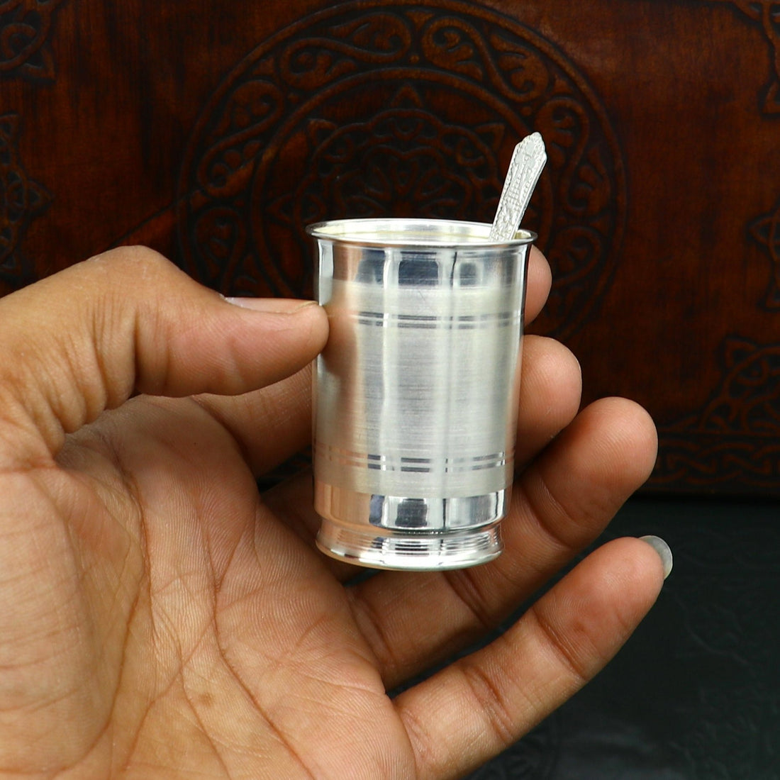 999 fine silver handmade water/milk Glass tumbler, silver flask, baby kids silver cup & spoon utensils for stay healthy from bacteria sv155 - TRIBAL ORNAMENTS