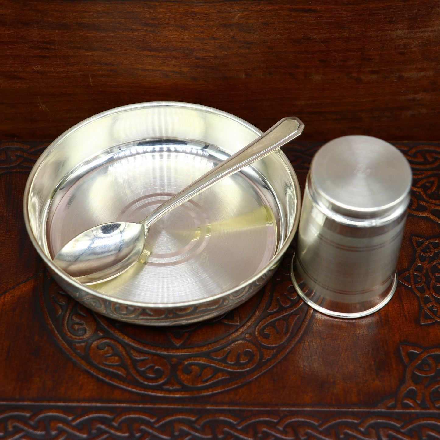 999 fine silver handmade small water/milk Glass tumbler, tray /plate baby kids silver cup & spoon utensils, stay healthy from bacteria sv156 - TRIBAL ORNAMENTS