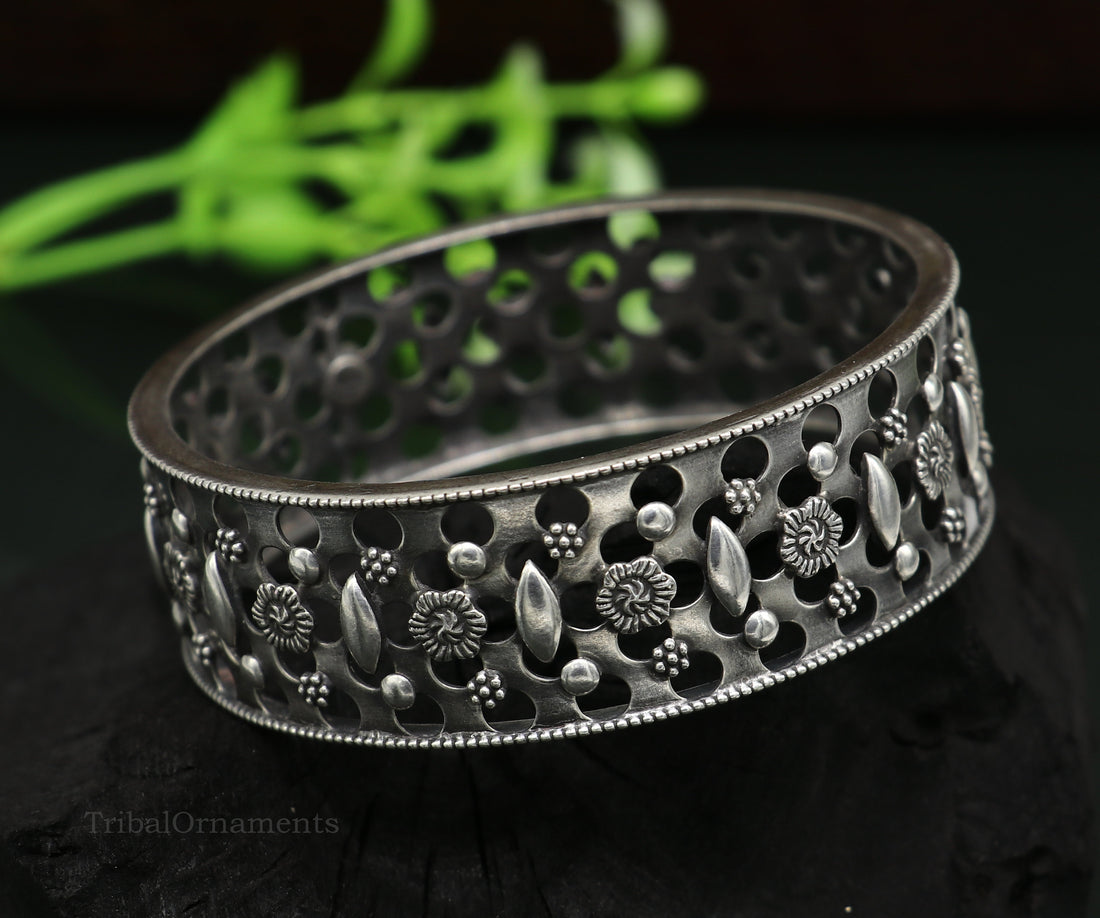 925 sterling silver handmade unique design floral bangle bracelet kada, customized bangle for girls who like vintage tribal style nba154 - TRIBAL ORNAMENTS