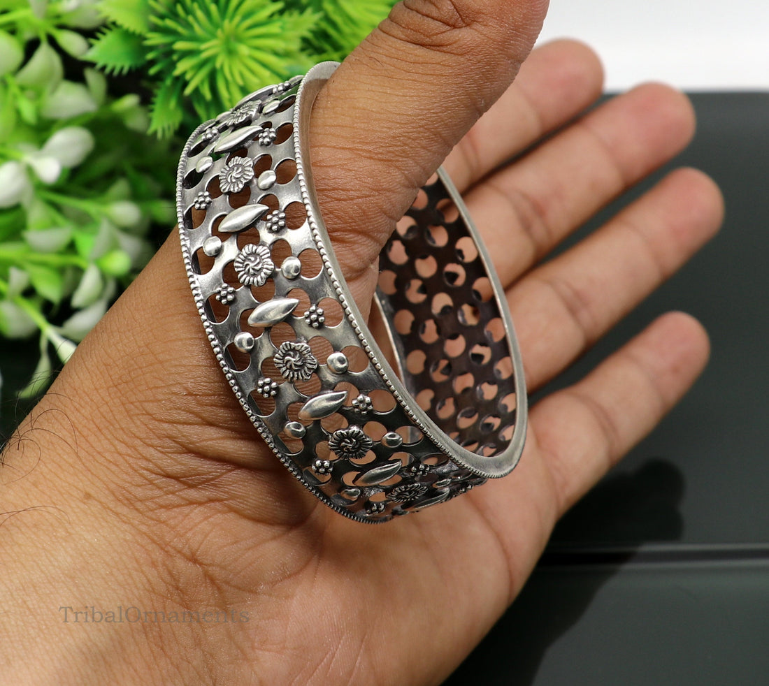 925 sterling silver handmade unique design floral bangle bracelet kada, customized bangle for girls who like vintage tribal style nba154 - TRIBAL ORNAMENTS