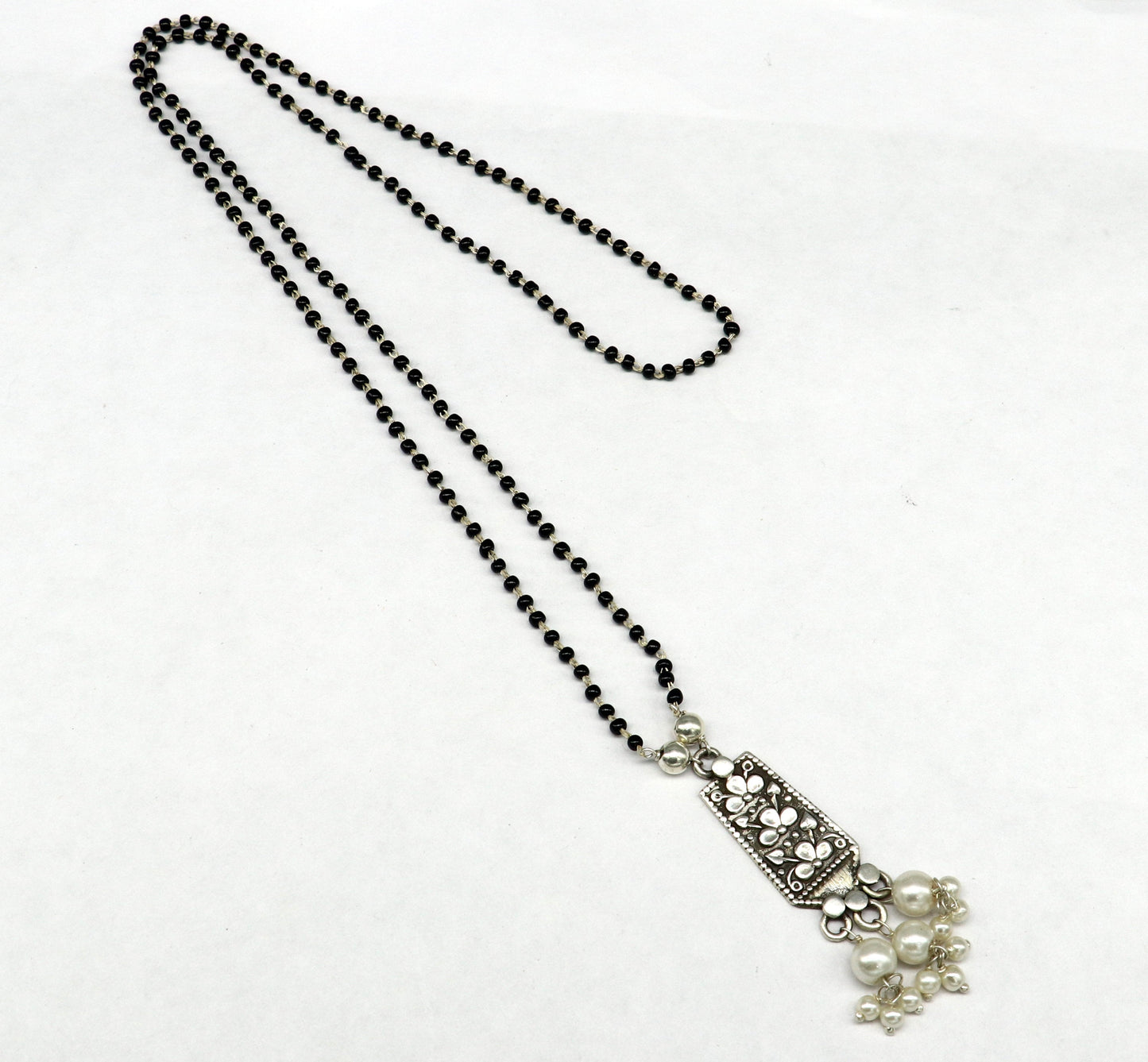 925 sterling silver custom floral design beaded chain necklace with gorgeous pearl pendant, best gifting necklace tribal necklace nec169 - TRIBAL ORNAMENTS