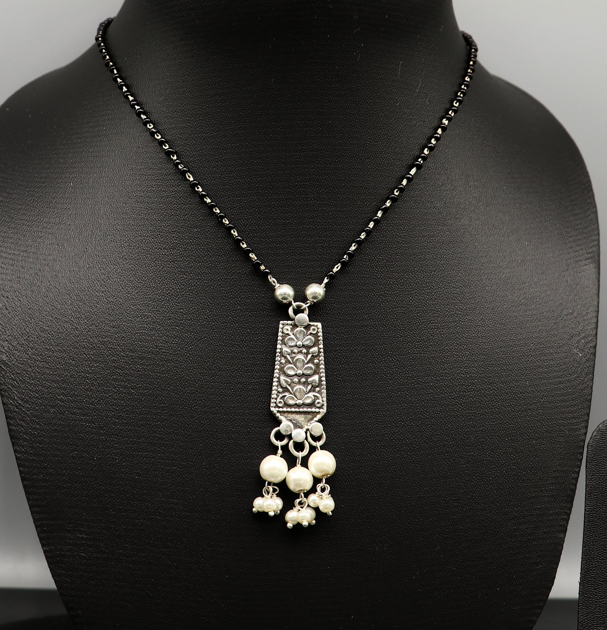 925 sterling silver custom floral design beaded chain necklace with gorgeous pearl pendant, best gifting necklace tribal necklace nec169 - TRIBAL ORNAMENTS