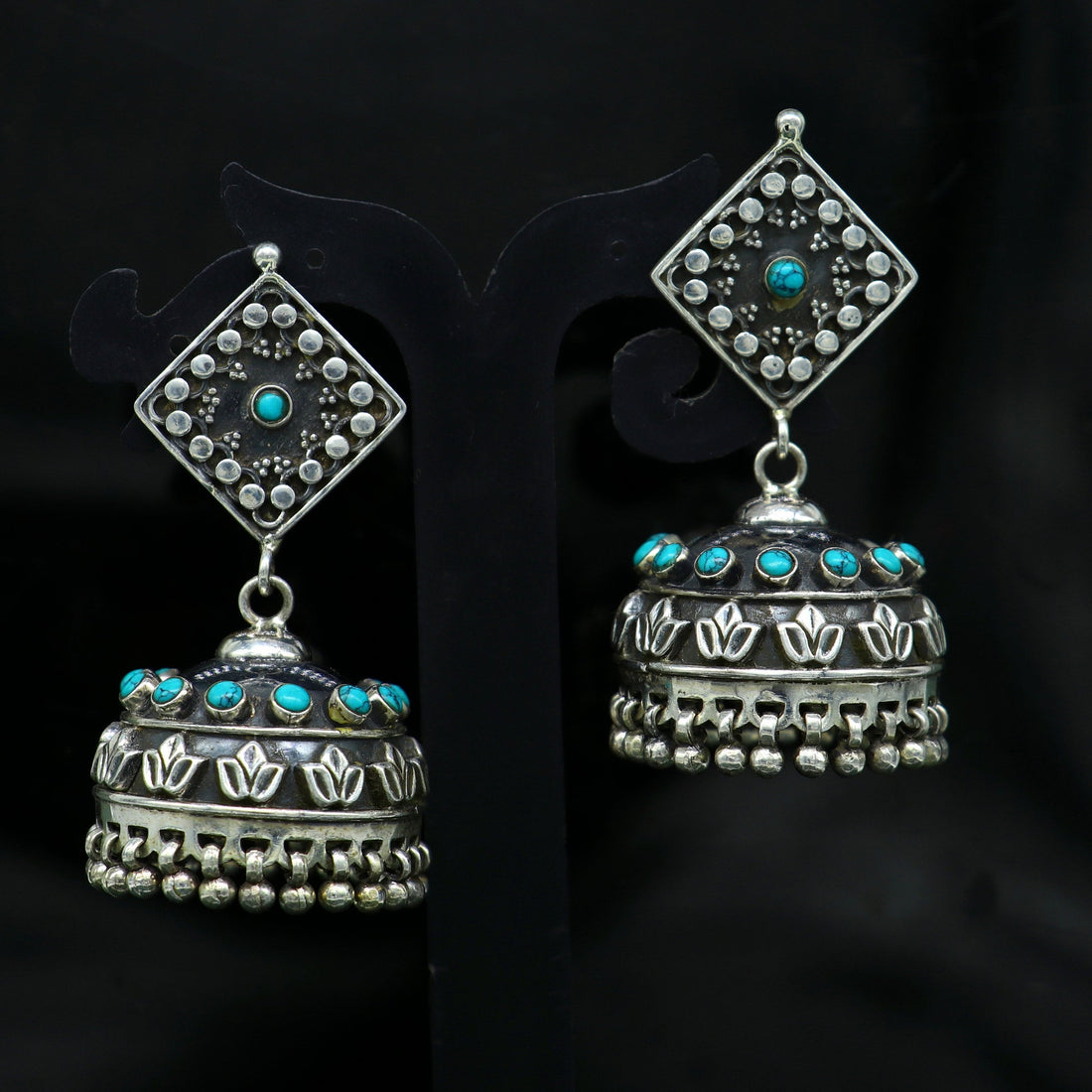 925 sterling silver chandelier stylish handmade earring jhumka, Gorgeous turquoise stone earring drop dangle, tribal ethnic earring ear740 - TRIBAL ORNAMENTS