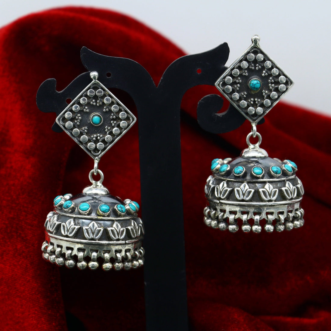 925 sterling silver chandelier stylish handmade earring jhumka, Gorgeous turquoise stone earring drop dangle, tribal ethnic earring ear740 - TRIBAL ORNAMENTS