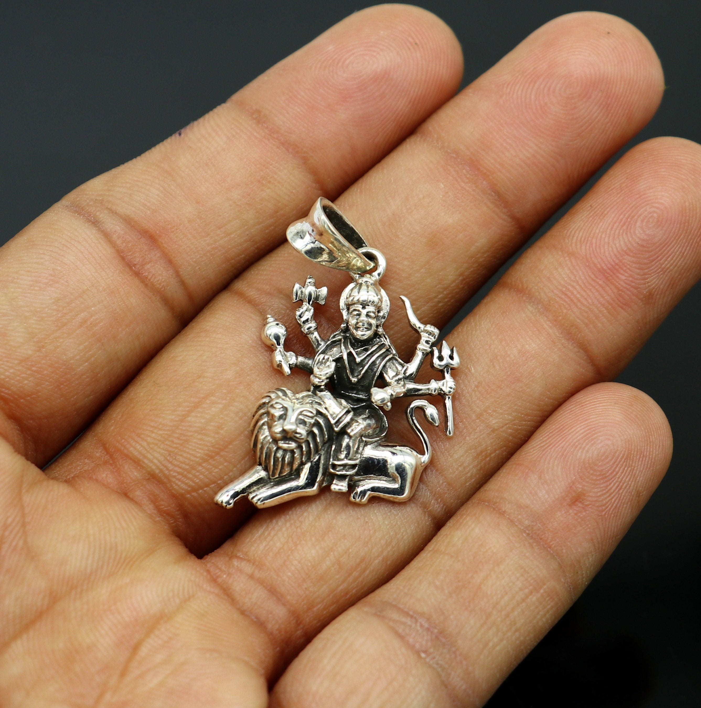 Hindu goddess durga traditional temple pendant with silver durga/ multi beaded necklace outlets with Indian silver beads.