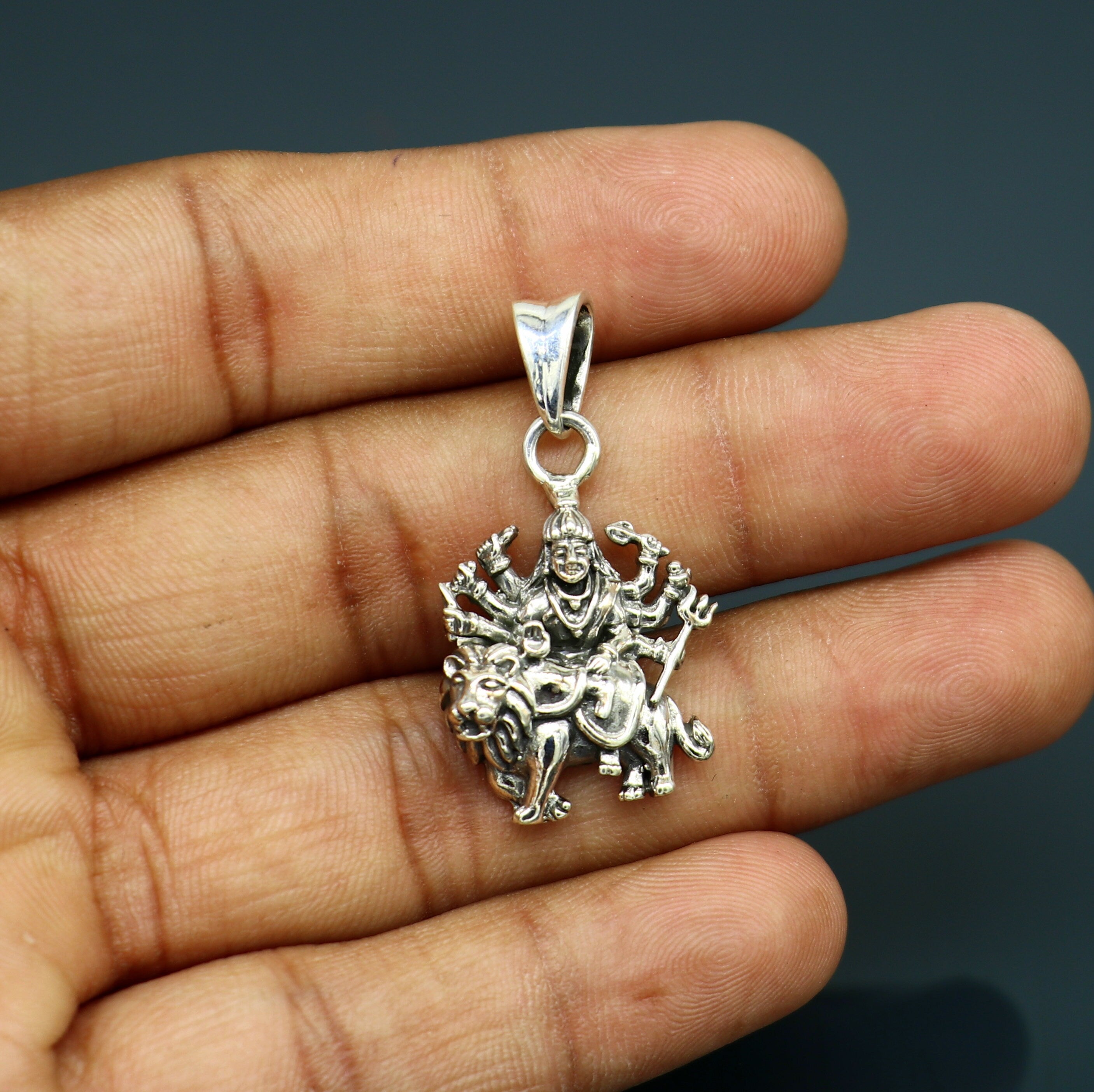 Hindu goddess durga traditional temple pendant with silver durga/ multi beaded necklace outlets with Indian silver beads.