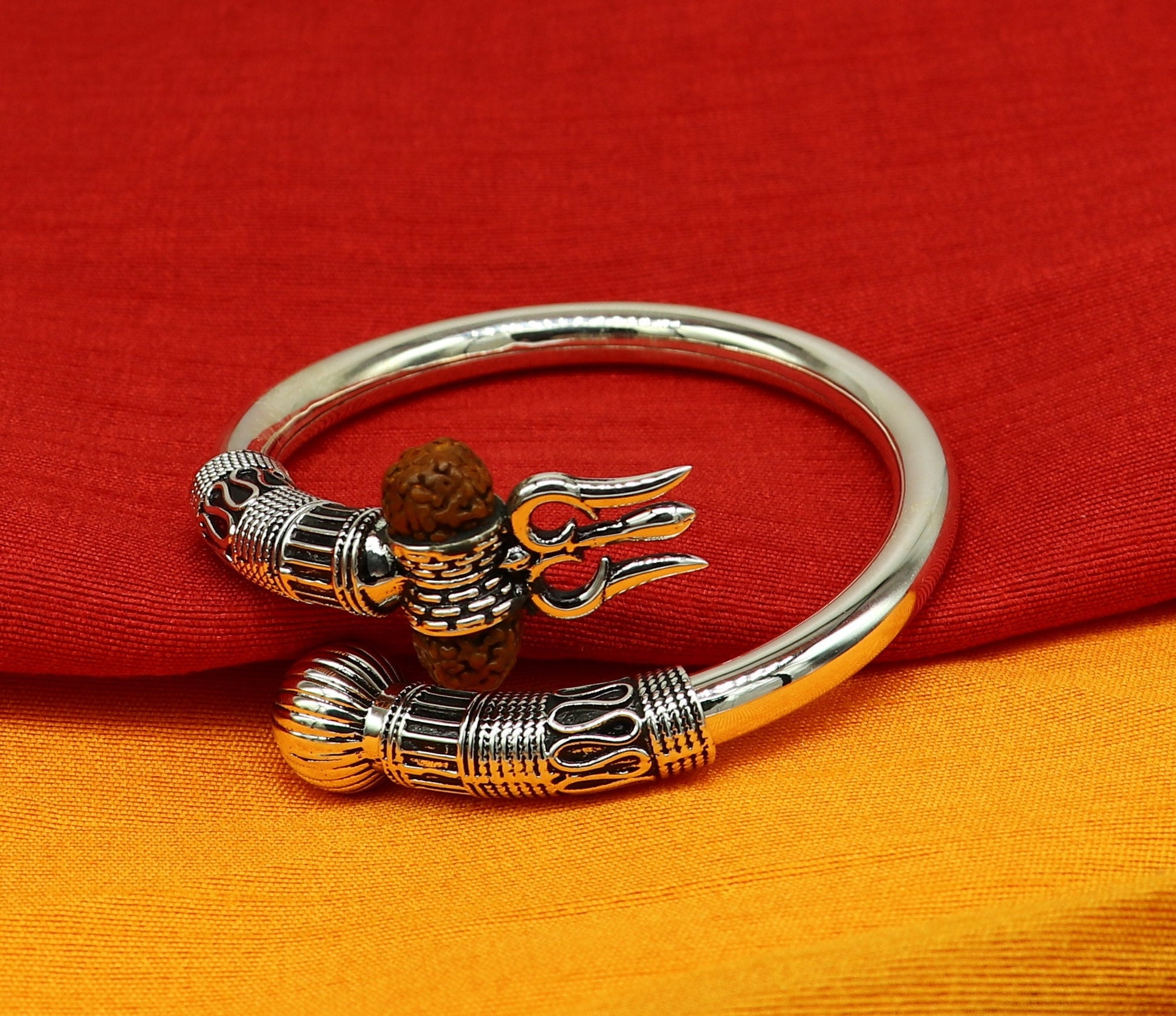 925 Sterling silver handmade plain shiny Lord Shiva trident trishul kada bangle bracelet with natural Rudraksha customized kada nssk415 - TRIBAL ORNAMENTS
