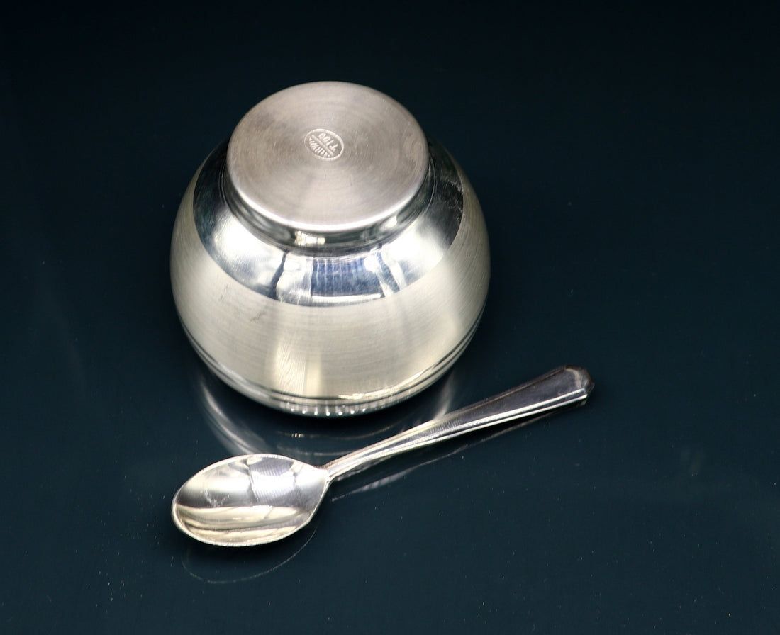 999 fine silver handmade small baby bowl and spoon set, silver tumbler, flask, stay baby/kids healthy, silver vessels utensils sv170 - TRIBAL ORNAMENTS