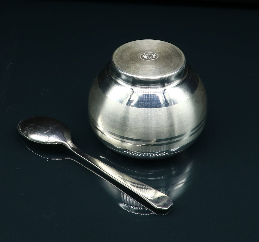 999 fine silver handmade small baby bowl and spoon set, silver tumbler, flask, stay baby/kids healthy, silver vessel utensils sv172 - TRIBAL ORNAMENTS