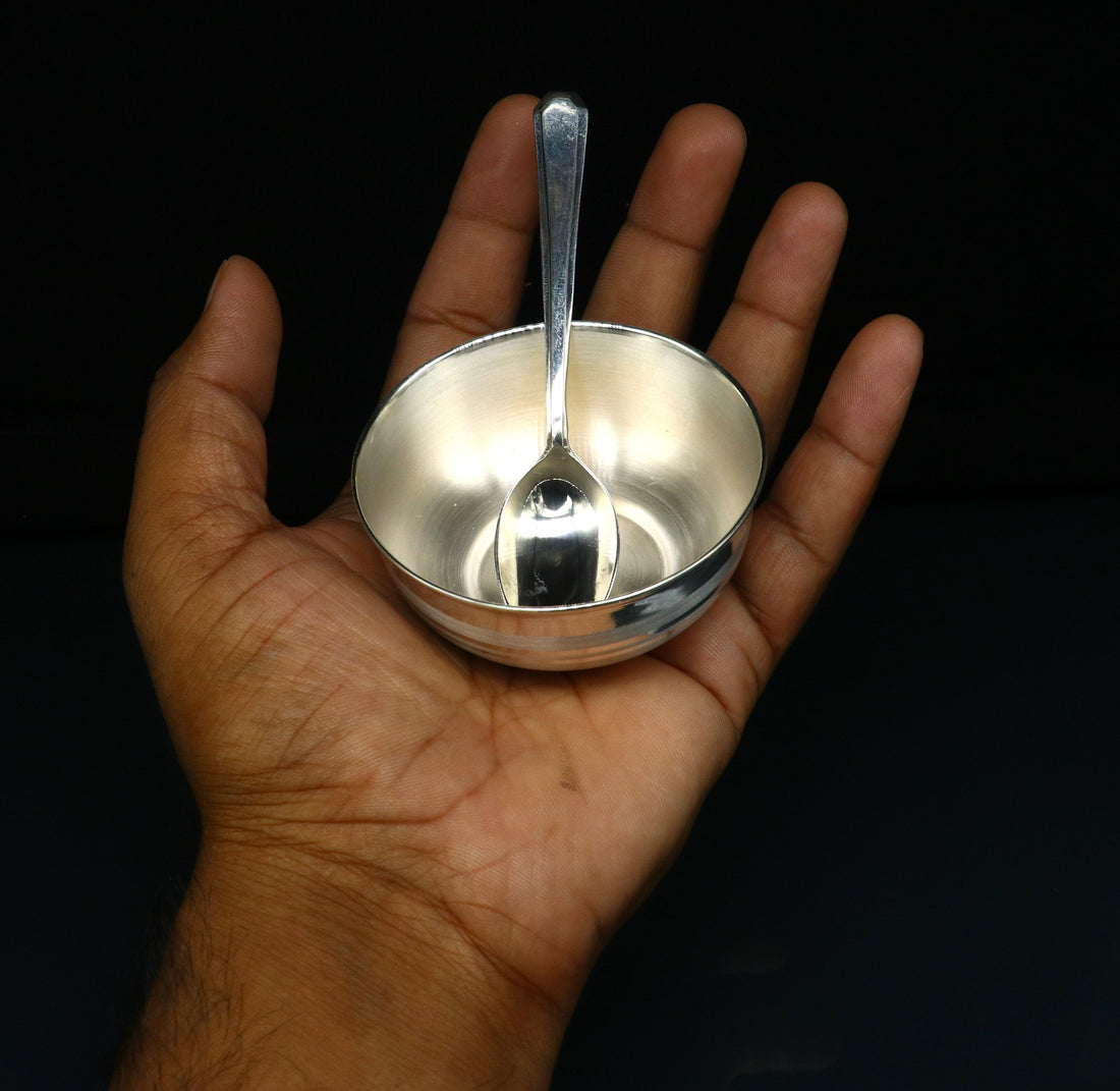 999 fine silver handmade small baby bowl and spoon set, silver tumbler, flask, stay baby/kids healthy, silver vessel utensils sv173 - TRIBAL ORNAMENTS