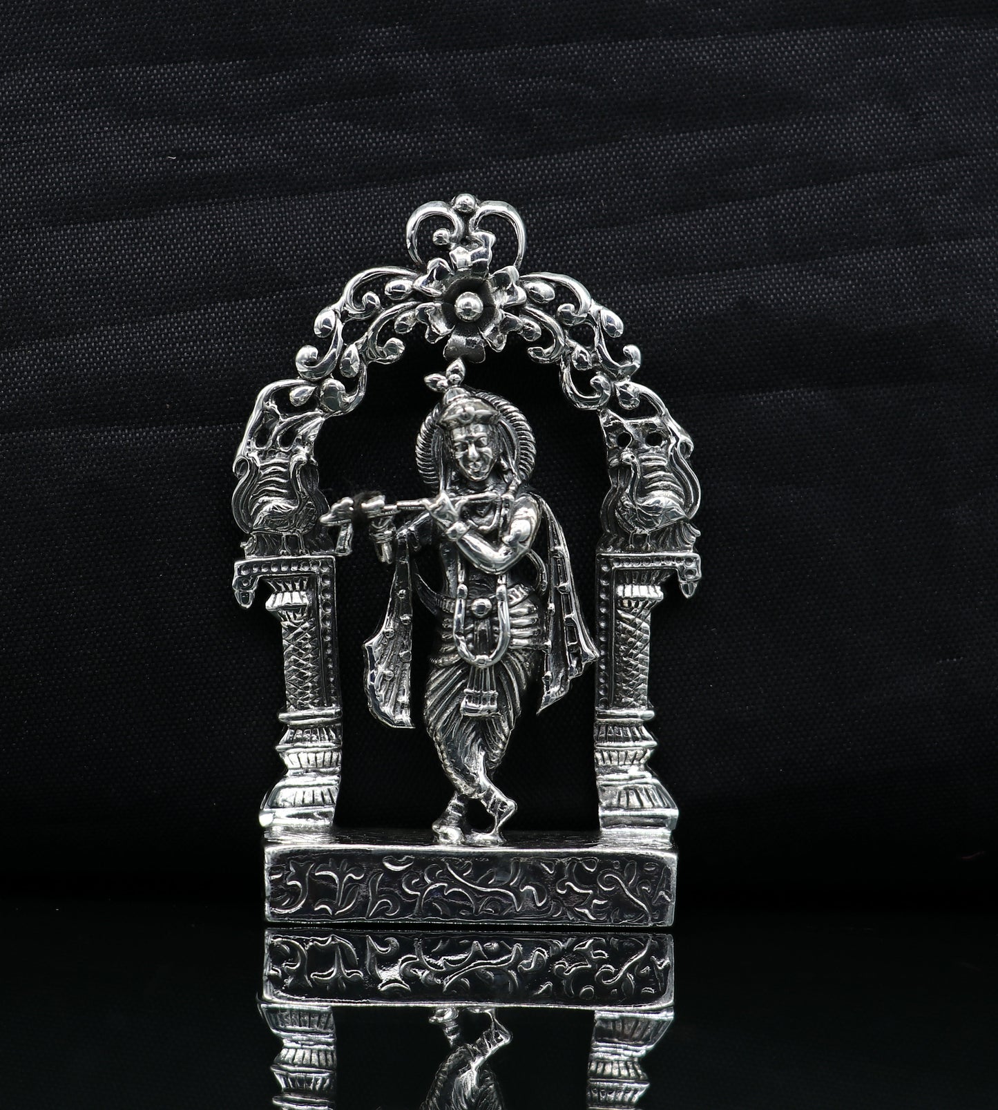 925 sterling silver lord krishna gorgeous customized figurine, amazing floral design idol krishna statue puja article from india art08 - TRIBAL ORNAMENTS