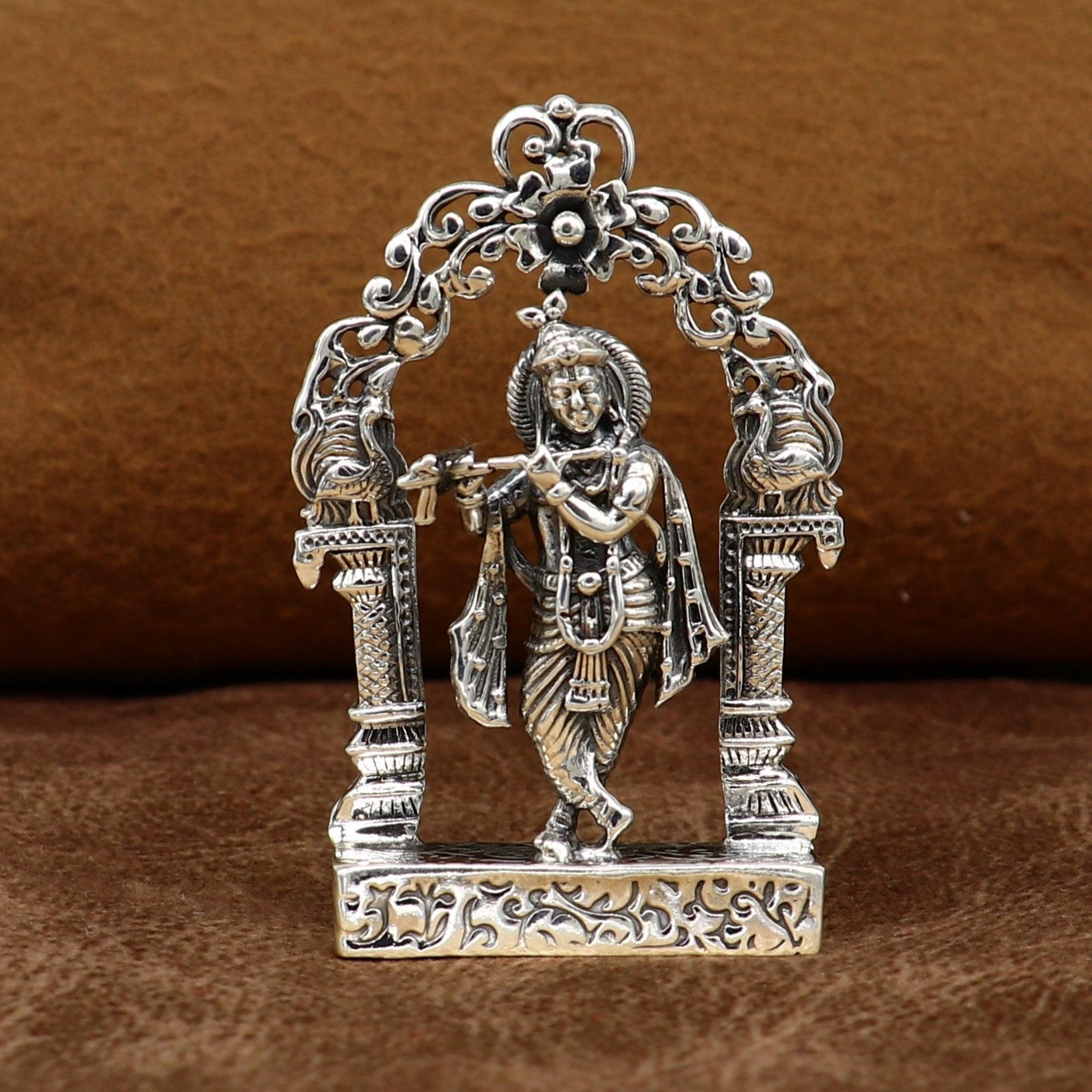 925 sterling silver lord krishna gorgeous customized figurine, amazing floral design idol krishna statue puja article from india art08 - TRIBAL ORNAMENTS