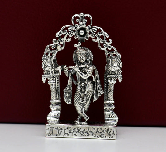 925 sterling silver lord krishna gorgeous customized figurine, amazing floral design idol krishna statue puja article from india art08 - TRIBAL ORNAMENTS