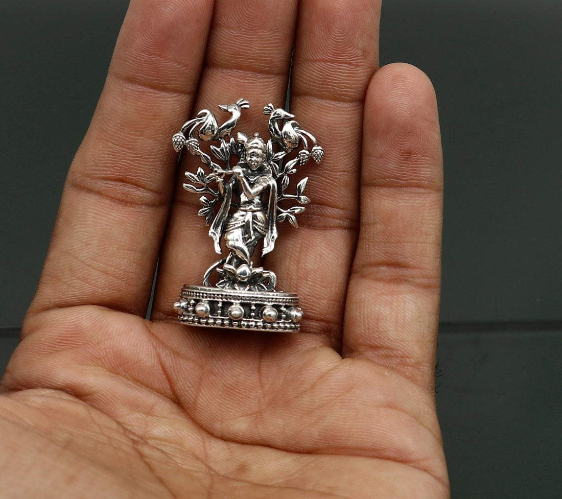 925 Sterling silver handmade antique design Idols Lord Krishna with flute standing Statue figurine, puja articles decorative gift art17 - TRIBAL ORNAMENTS