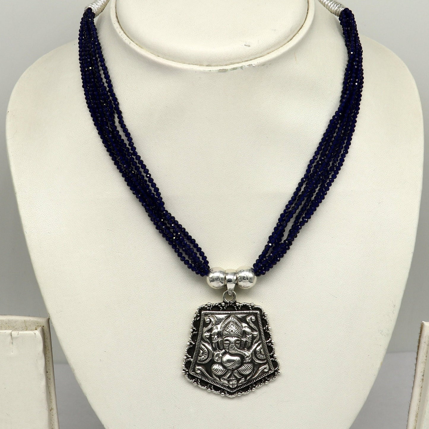 925 sterling silver handmade fabulous idol Ganesha pendant with 6 string purple navy jade beads adjustable necklace tribal jewelry set193 - TRIBAL ORNAMENTS