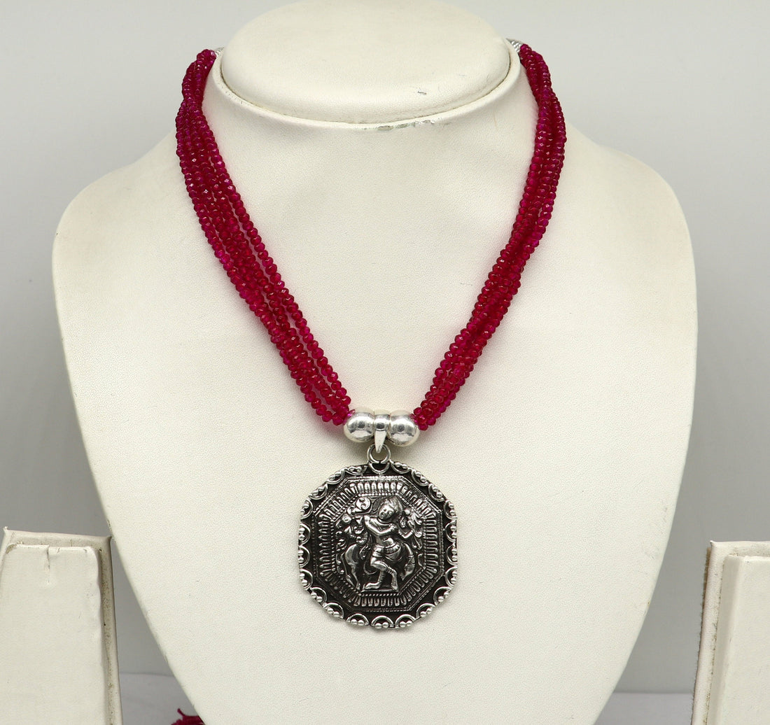 925 sterling silver handmade Gorgeous red agate stone beads string Krishna pendant adjustable necklace tribal ethnic temple jewelry set196 - TRIBAL ORNAMENTS