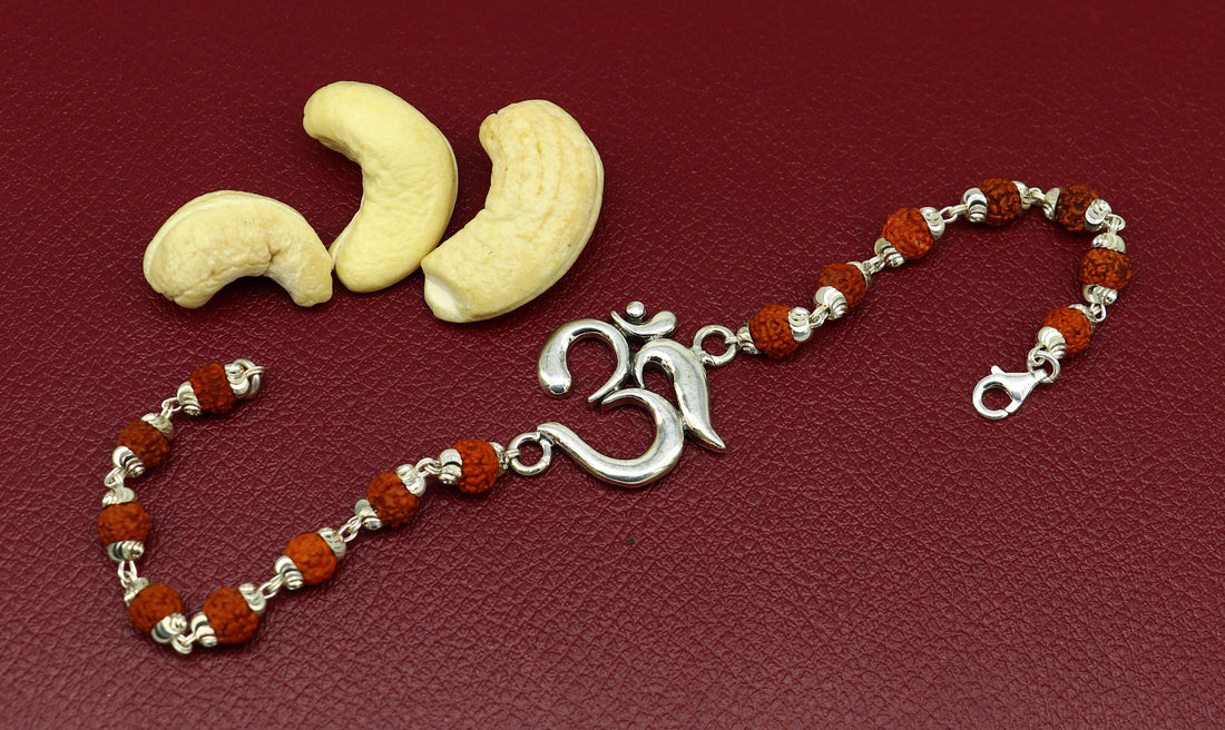 8" 925 Sterling silver customized rudraksha beaded 'AUM' Rakhi or bracelet. best gift for your brother's  for special Rakshabandhan rk02 - TRIBAL ORNAMENTS