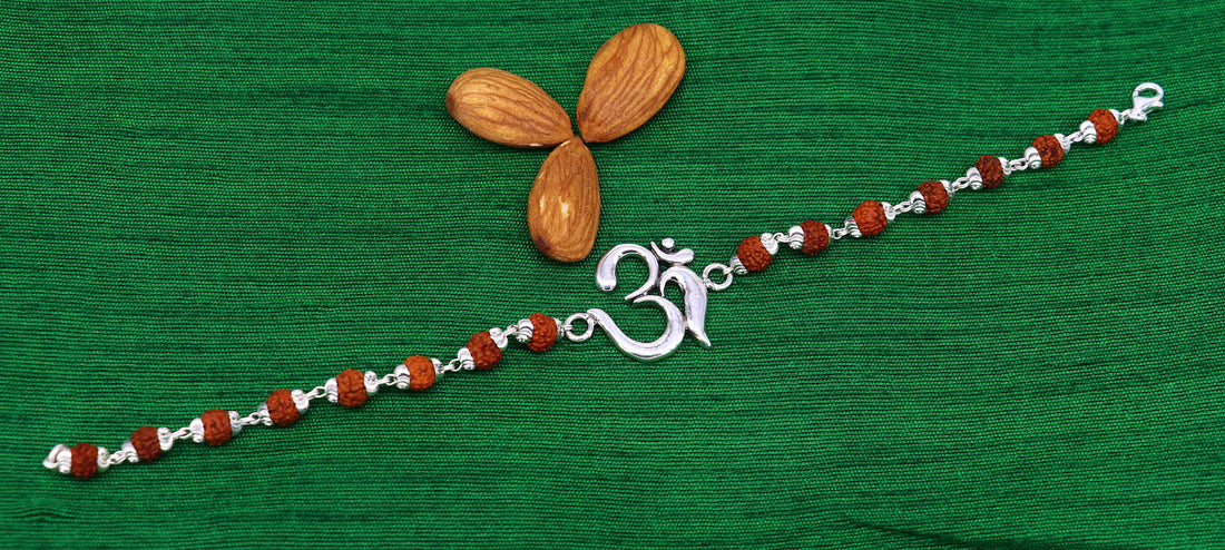 8" 925 Sterling silver customized rudraksha beaded 'AUM' Rakhi or bracelet. best gift for your brother's  for special Rakshabandhan rk02 - TRIBAL ORNAMENTS