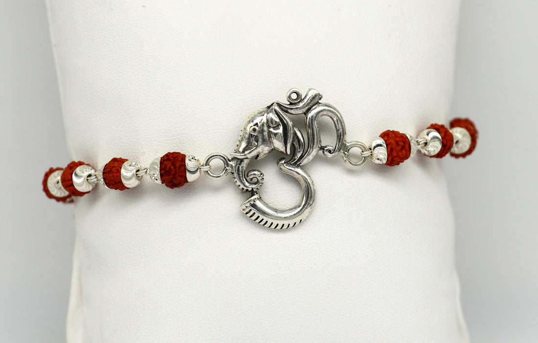 8.0" 925 Sterling silver customized rudraksha beaded 'AUM' Rakhi or bracelet. best gift for your brother's  for special Rakshabandhan rk04 - TRIBAL ORNAMENTS