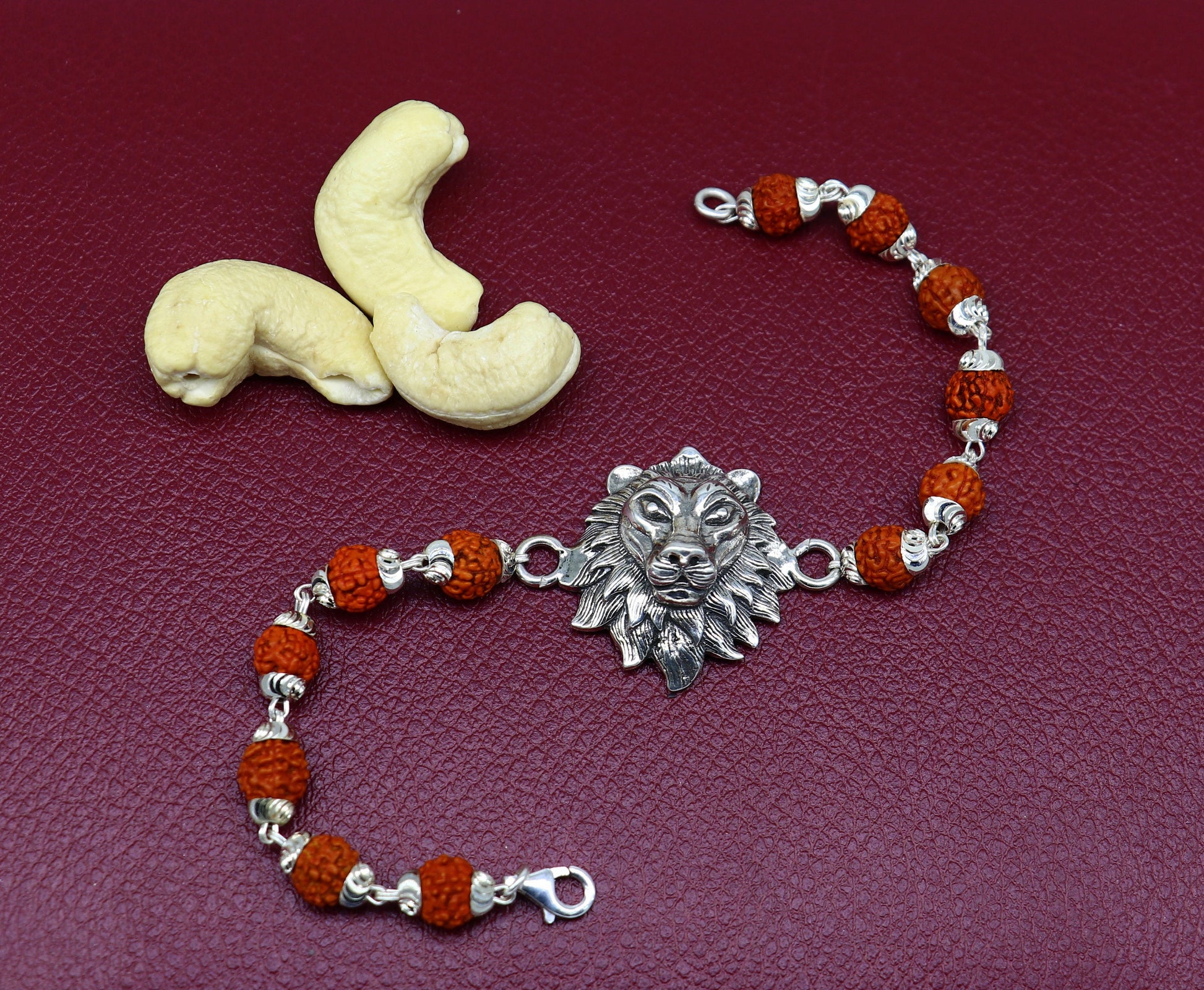 7.0" 925 Sterling silver customized rudraksha beaded lion Rakhi or bracelet. best gift for your brother's  for special Rakshabandhan rk05 - TRIBAL ORNAMENTS