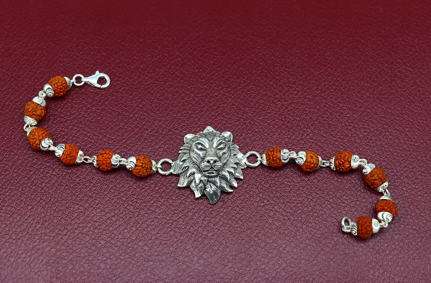 7.0" 925 Sterling silver customized rudraksha beaded lion Rakhi or bracelet. best gift for your brother's  for special Rakshabandhan rk05 - TRIBAL ORNAMENTS