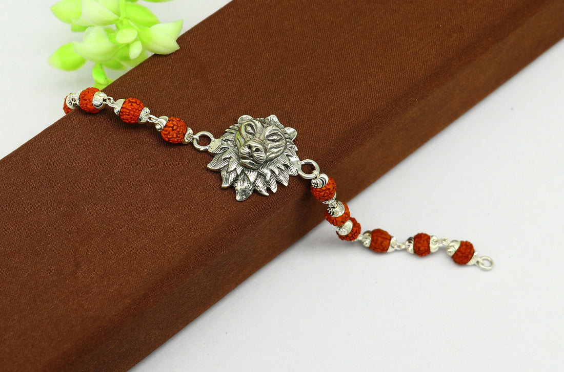 7.0" 925 Sterling silver customized rudraksha beaded lion Rakhi or bracelet. best gift for your brother's  for special Rakshabandhan rk05 - TRIBAL ORNAMENTS