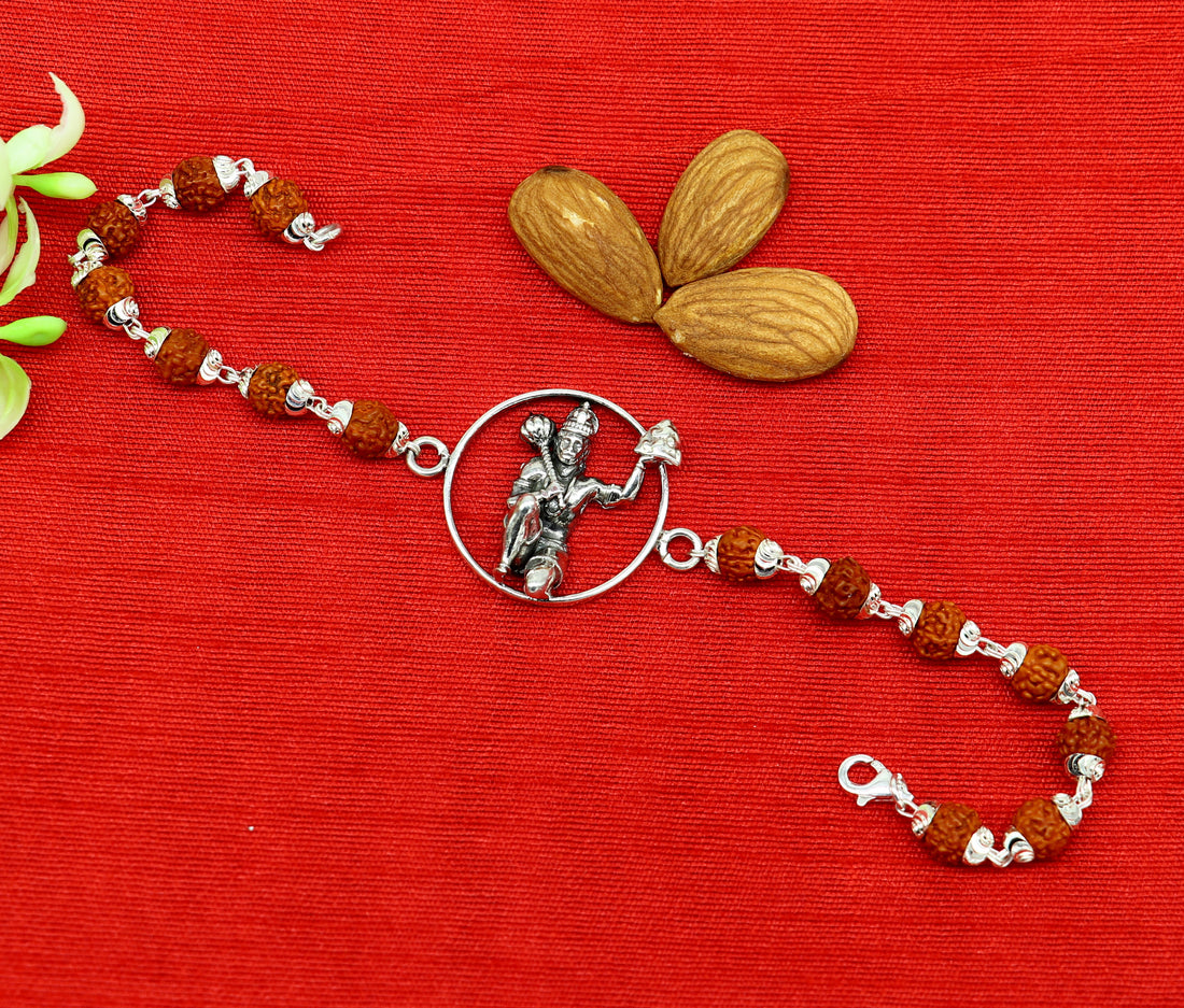 8.5" 925 Sterling silver customized rudraksha beaded Lord Hanuman Rakhi bracelet. best gift for your brother's of special Rakshabandhan rk06 - TRIBAL ORNAMENTS