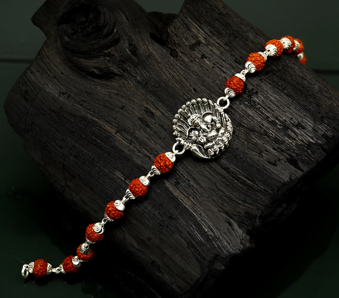 8" 925 Sterling silver customized rudraksha beaded Lord Ganesha Rakhi bracelet. best gift for your brother's of special Rakshabandhan rk07 - TRIBAL ORNAMENTS