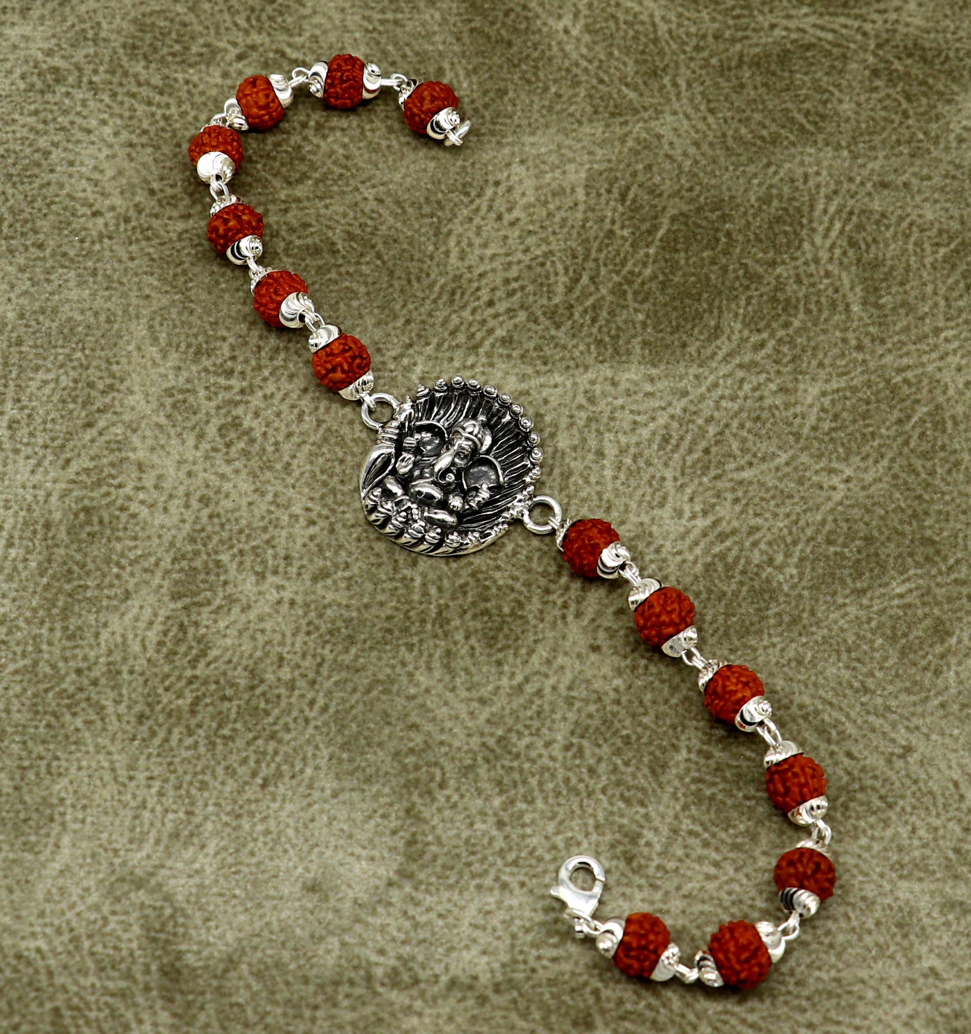 8" 925 Sterling silver customized rudraksha beaded Lord Ganesha Rakhi bracelet. best gift for your brother's of special Rakshabandhan rk07 - TRIBAL ORNAMENTS