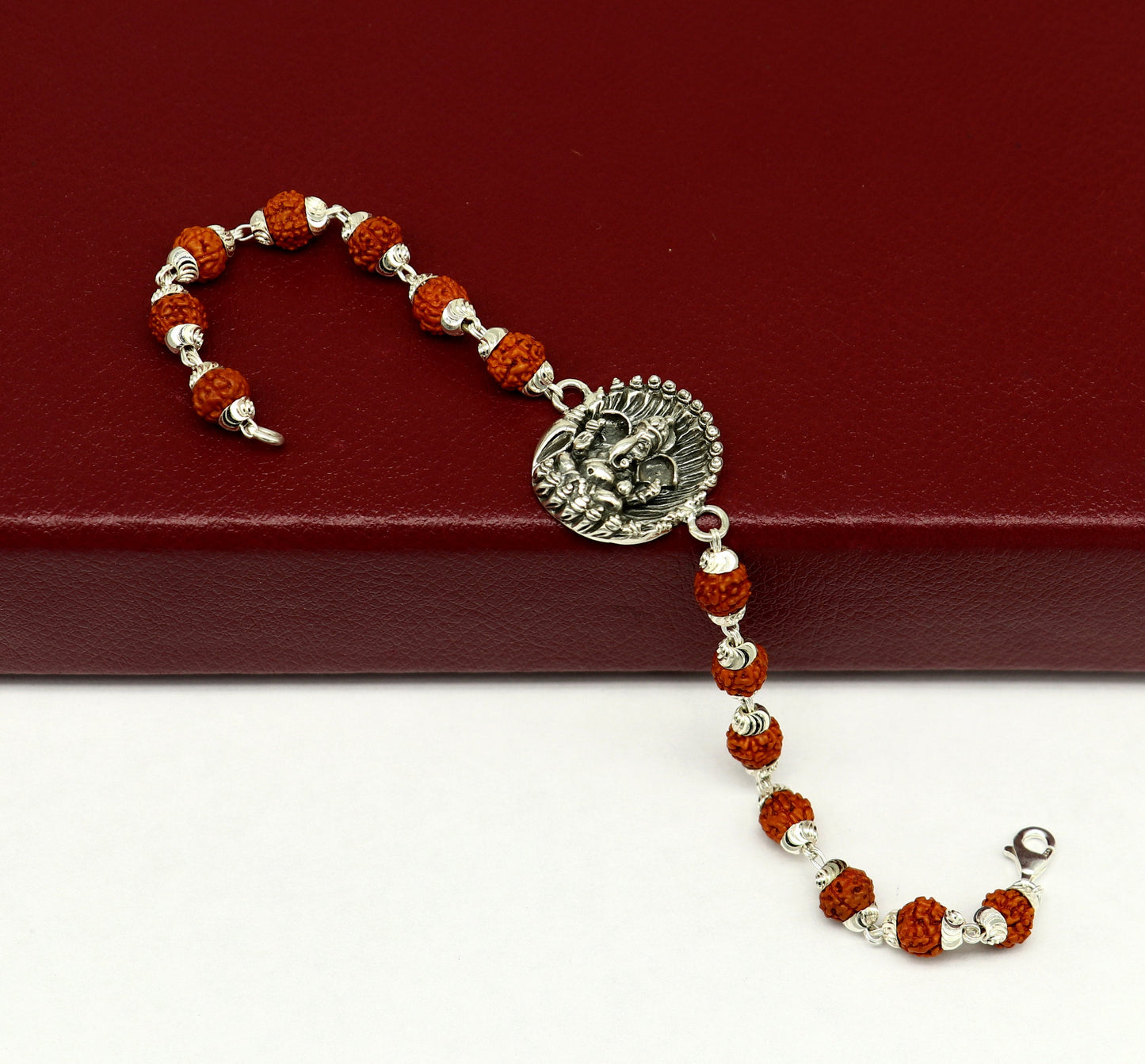 8" 925 Sterling silver customized rudraksha beaded Lord Ganesha Rakhi bracelet. best gift for your brother's of special Rakshabandhan rk07 - TRIBAL ORNAMENTS