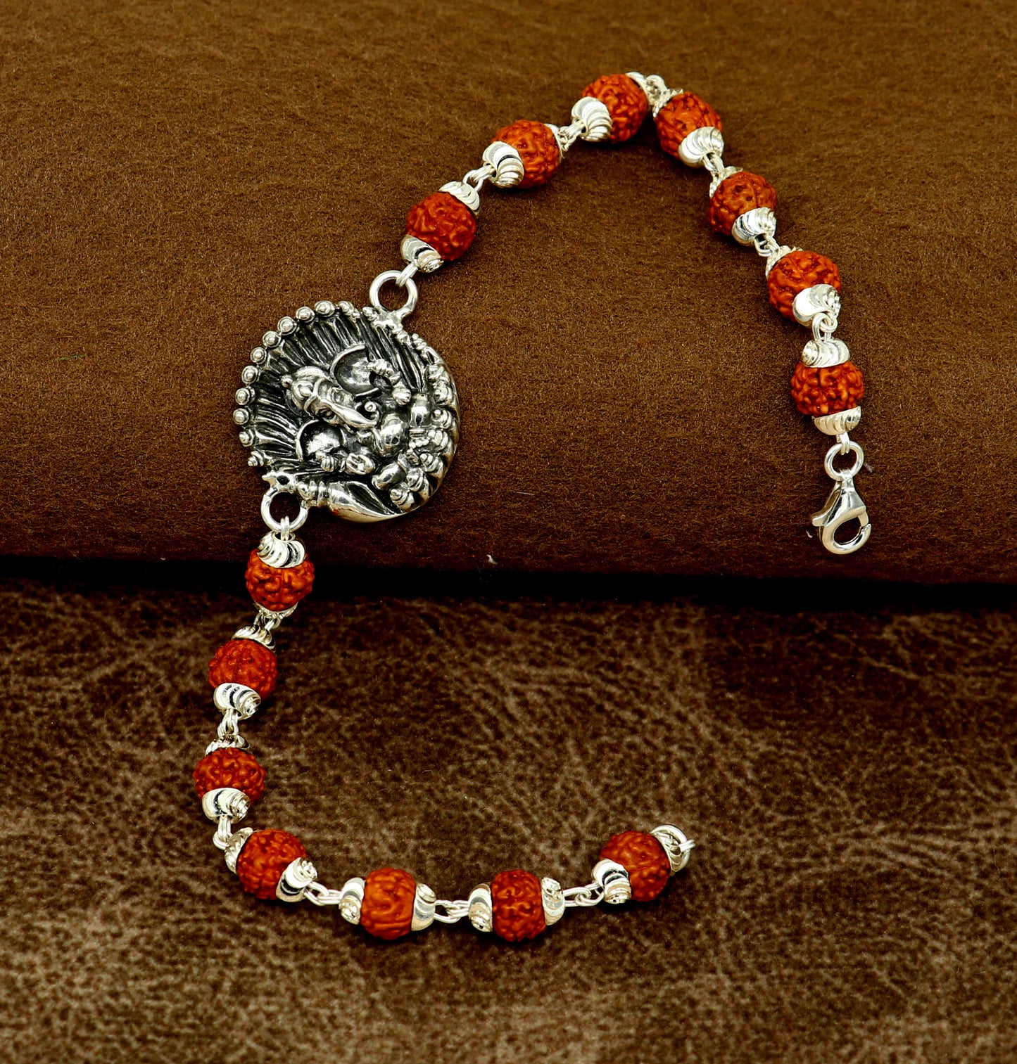 8" 925 Sterling silver customized rudraksha beaded Lord Ganesha Rakhi bracelet. best gift for your brother's of special Rakshabandhan rk07 - TRIBAL ORNAMENTS