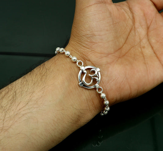 7.5 inches long handmade solid 925 sterling silver custom Aum design beaded Rakhi Bracelet, special personalized Rakshabandhan gift rk12 - TRIBAL ORNAMENTS