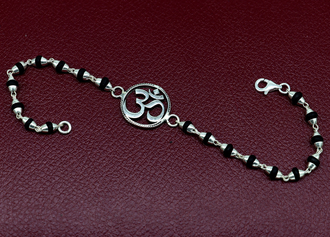 7.5" 925 Sterling silver customized tulsi beaded 'AUM' Rakhi or bracelet. best gift for your brother's  for special Rakshabandhan rk15 - TRIBAL ORNAMENTS