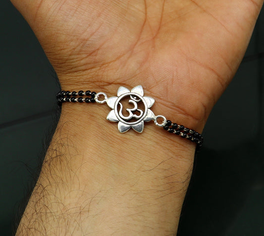 8" 925 Sterling silver customized black beaded 'AUM' Rakhi or bracelet. best gift for your brother's for special personalized gifing rk16 - TRIBAL ORNAMENTS