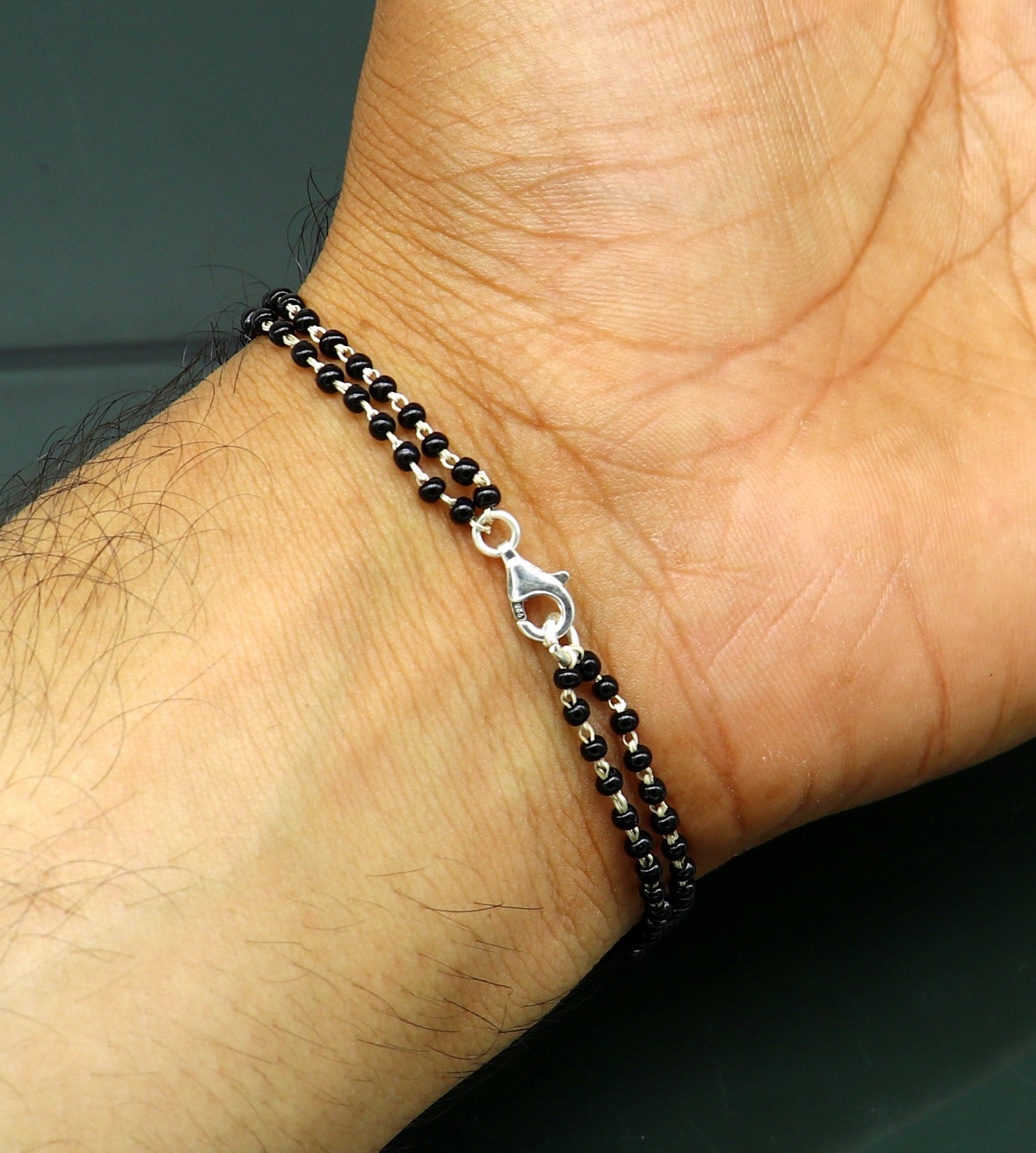 8" 925 Sterling silver customized black beaded 'AUM' Rakhi or bracelet. best gift for your brother's for special personalized gifing rk16 - TRIBAL ORNAMENTS