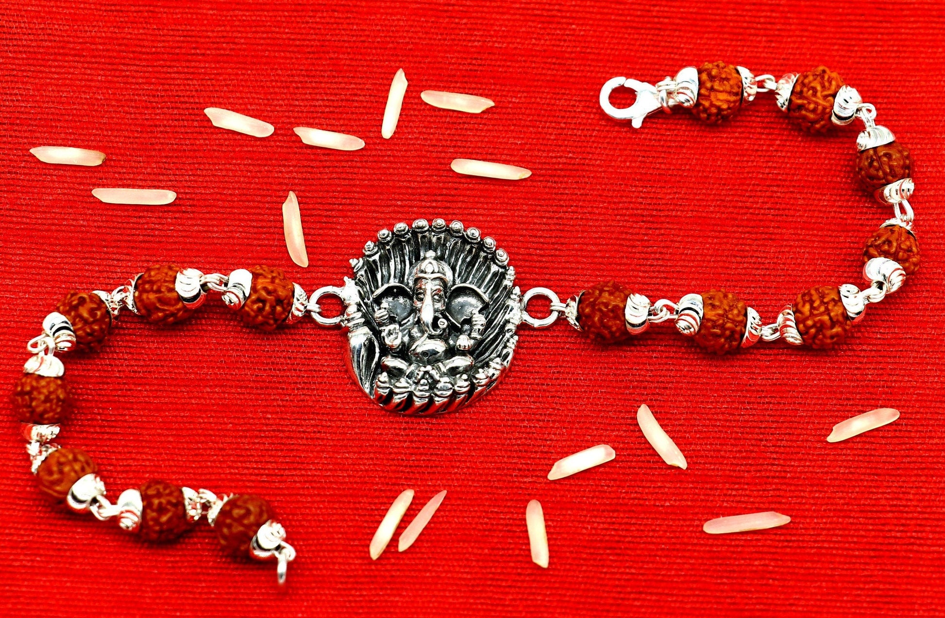 8" 925 Sterling silver customized rudraksha beaded Lord Ganesha Rakhi bracelet. best gift for your brother's of special Rakshabandhan rk07 - TRIBAL ORNAMENTS