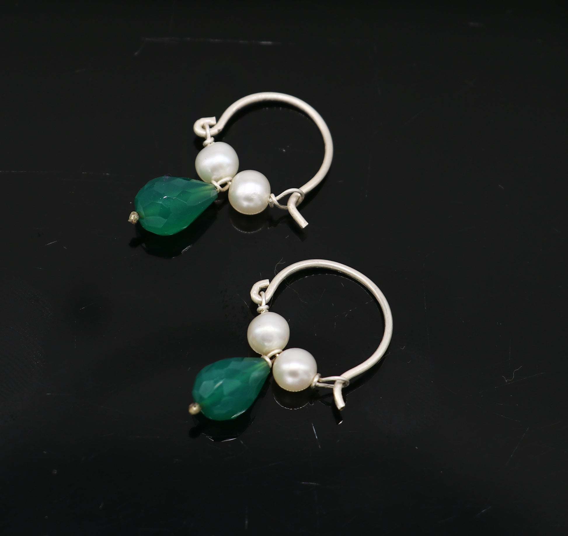 925 sterling silver custom made hoops earring, gorgeous hanging pearls and green stone ,hoops earring for kids, girl's gifting jewelry s911 - TRIBAL ORNAMENTS