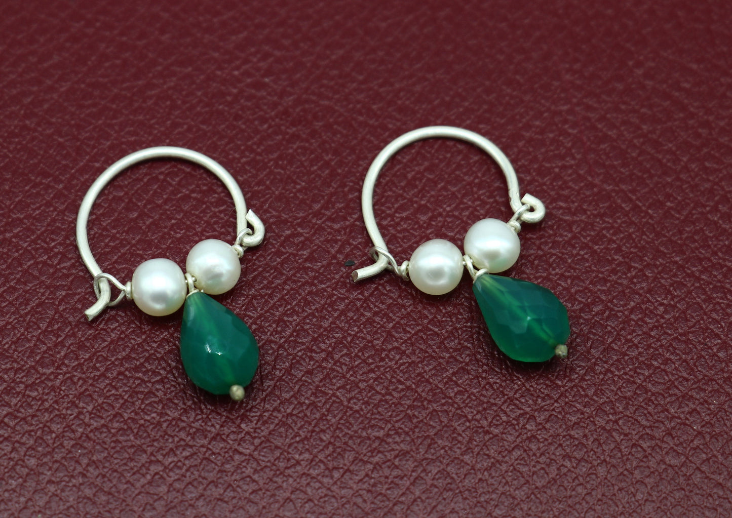 925 sterling silver custom made hoops earring, gorgeous hanging pearls and green stone ,hoops earring for kids, girl's gifting jewelry s911 - TRIBAL ORNAMENTS