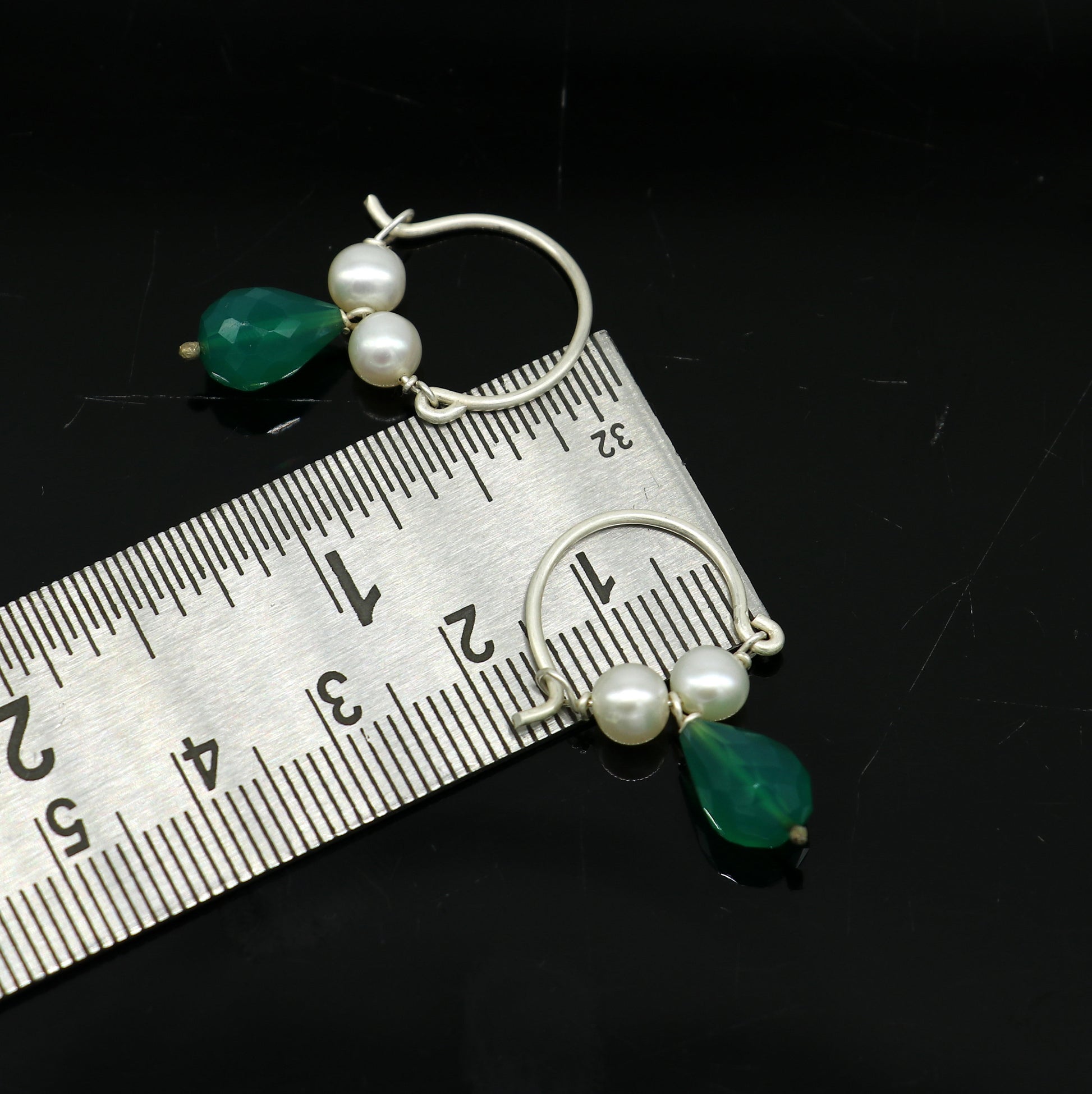 925 sterling silver custom made hoops earring, gorgeous hanging pearls and green stone ,hoops earring for kids, girl's gifting jewelry s911 - TRIBAL ORNAMENTS