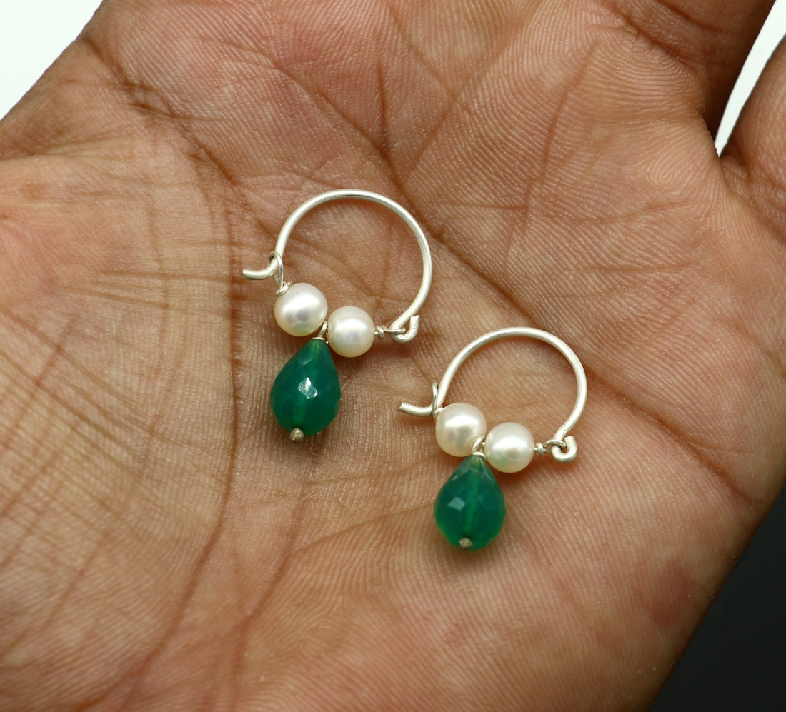 925 sterling silver custom made hoops earring, gorgeous hanging pearls and green stone ,hoops earring for kids, girl's gifting jewelry s911 - TRIBAL ORNAMENTS