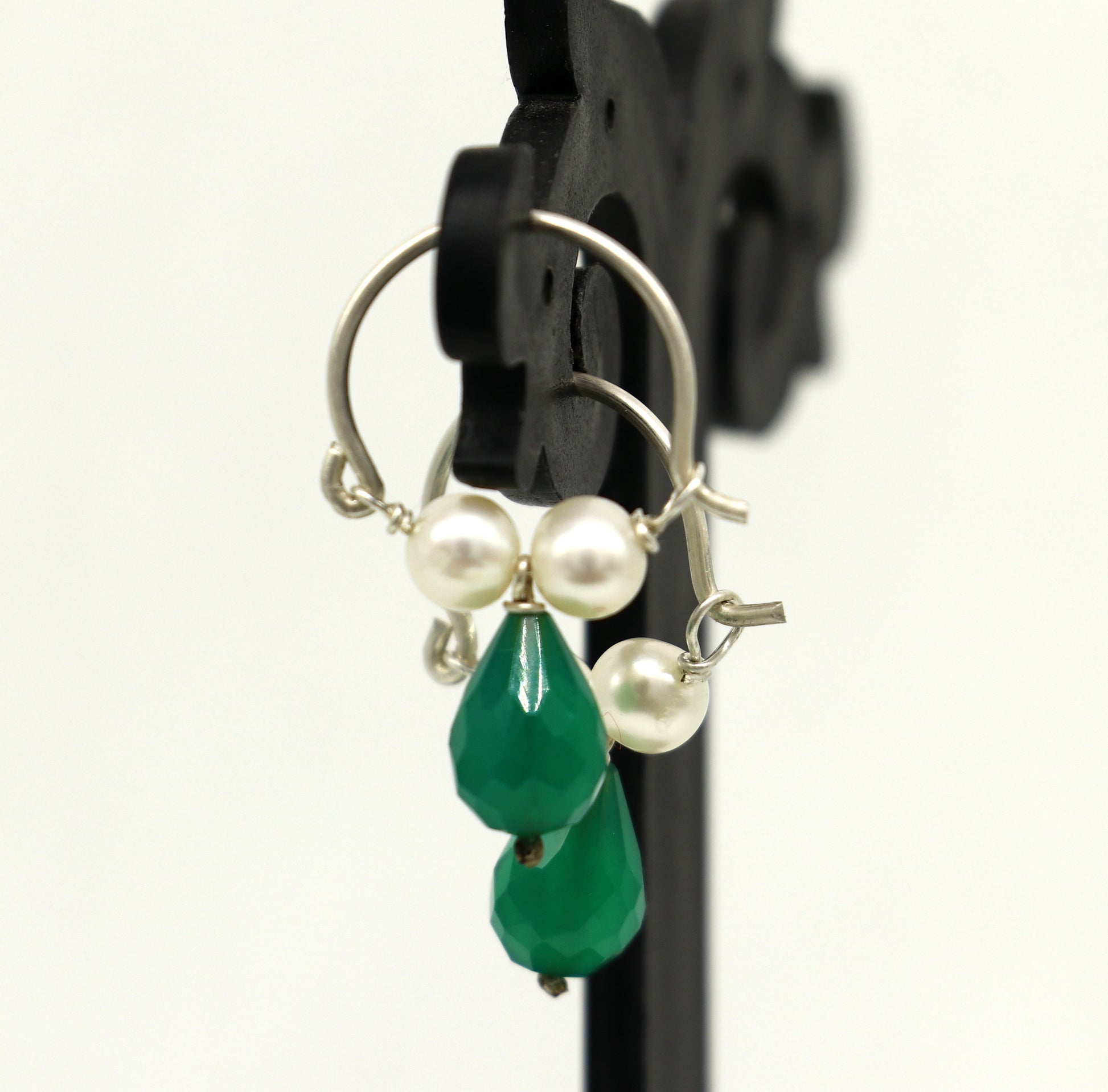 925 sterling silver custom made hoops earring, gorgeous hanging pearls and green stone ,hoops earring for kids, girl's gifting jewelry s911 - TRIBAL ORNAMENTS